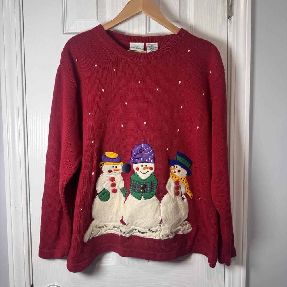 Bobbie Brooks Snowman Christmas Pullover Sweater Women XL Red Applique Ramie
